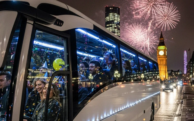 Friends celebrating New Year’s Eve on a luxury coach in Central London.