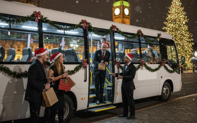 Corporate team boarding a minibus for a Christmas party in London
