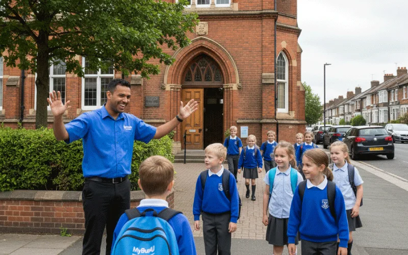 driver greeting school children outside a North London primary school